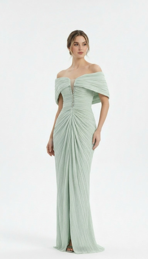 EMBROIDERED RUFFLED EVENING DRESS