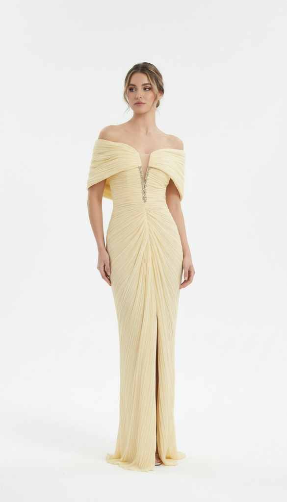 EMBROIDERED RUFFLED EVENING DRESS