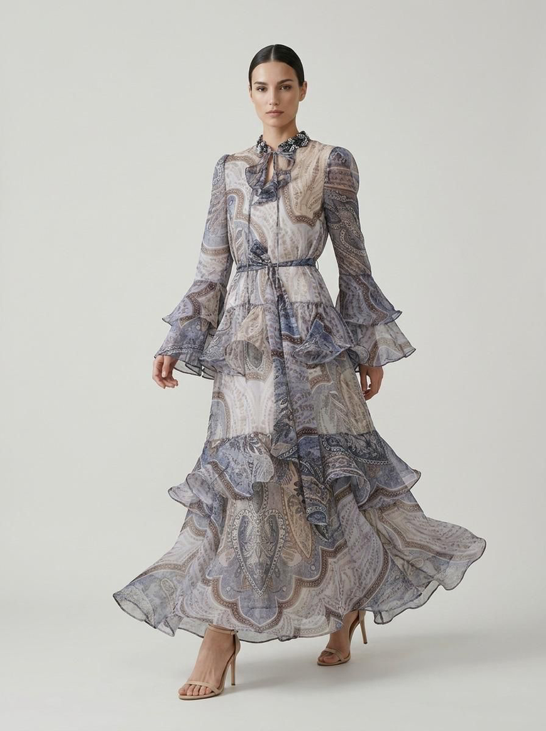 RUFFLED PATTERNED DRESS