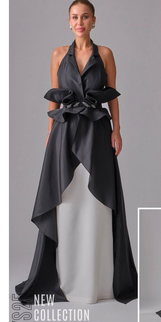 Two-Tone Evening Dress, Open Back, Waist Embroidery