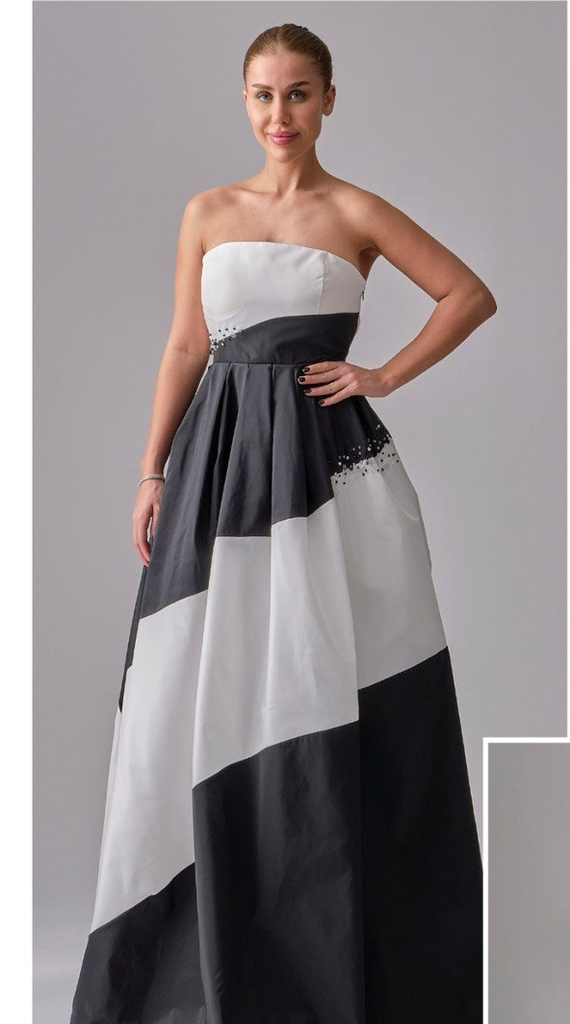Two-Tone Taffeta Evening Dress Embroidered with Stones