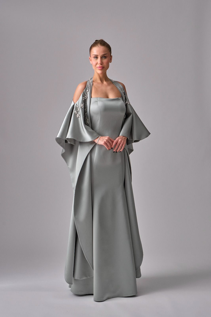 Evening Dress with Batwing Sleeves and Gemstones