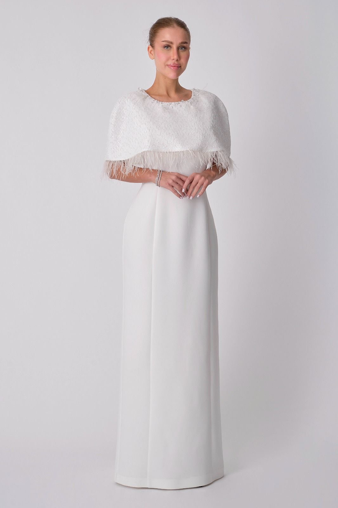 Long Evening Dress with Embroidered Cape Detail