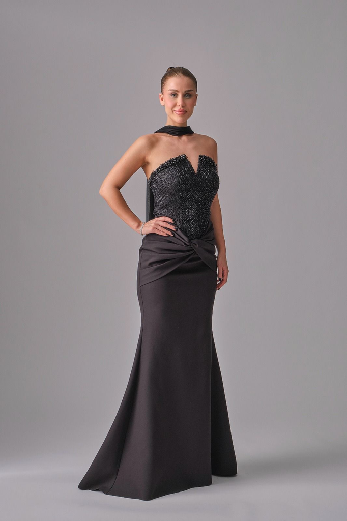 Sequin-Embroidered Evening Dress with Shawl