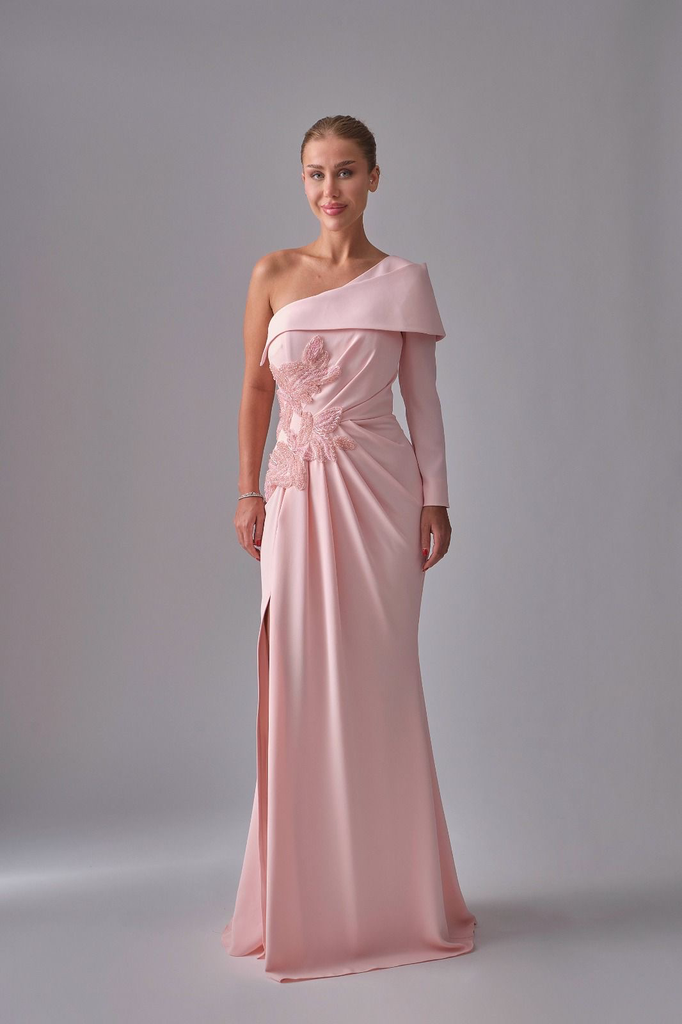 One-Sleeve Evening Dress with Embroidered Waist Detail