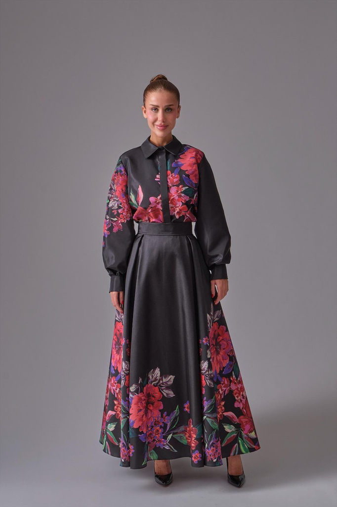 Taffeta Blouse with Shirt Collar and Floral Print