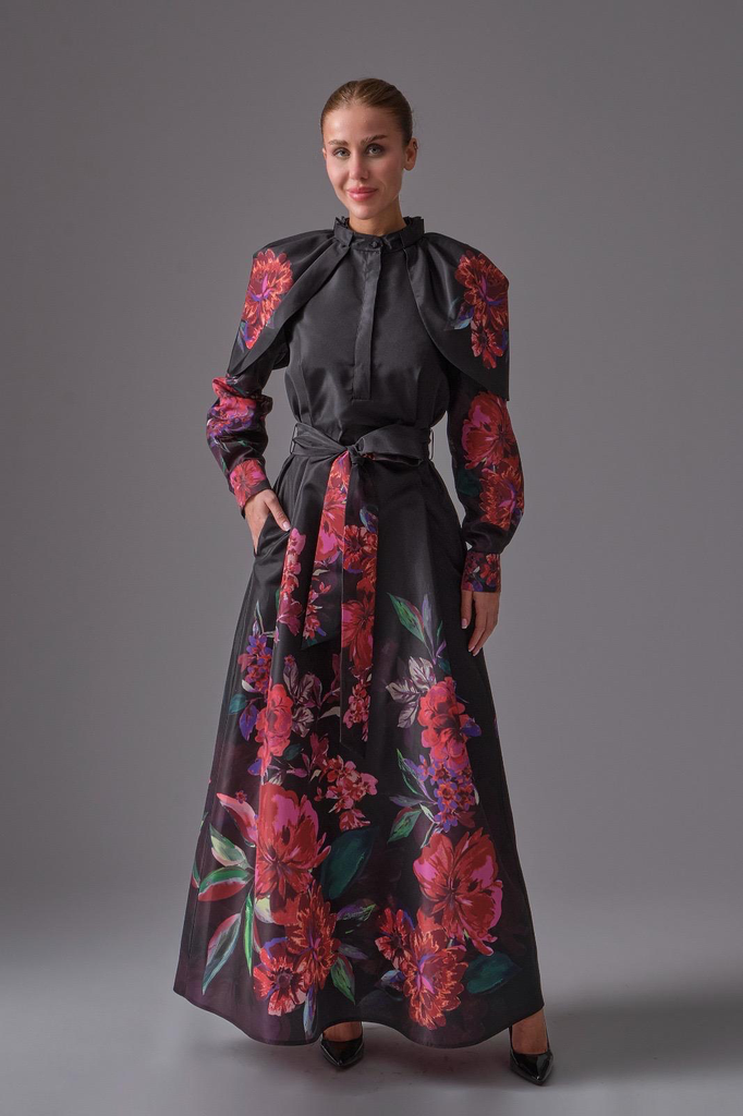2525037 Long Taffeta Dress with Floral Printed Cape on Shoulder