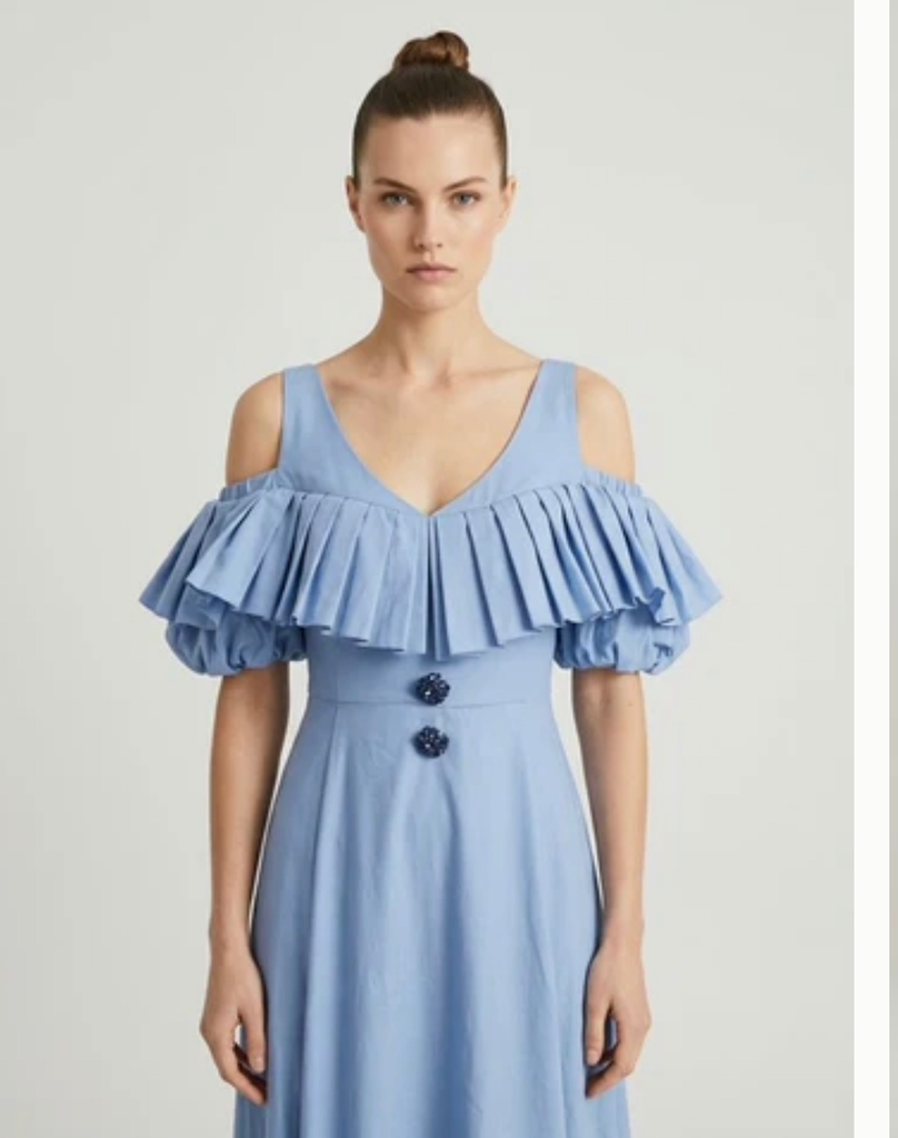 Wide Linen Dress with Puffy Sleeves and Collar Details