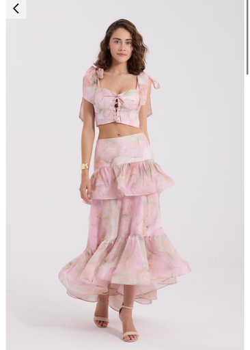 [25S1666] Maxi Skirt with Vichy Print and Linen Blend