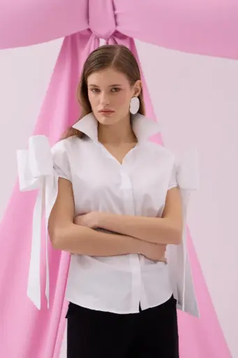 [25S1554] Chic Ribbon Shirt – 100% Cotton