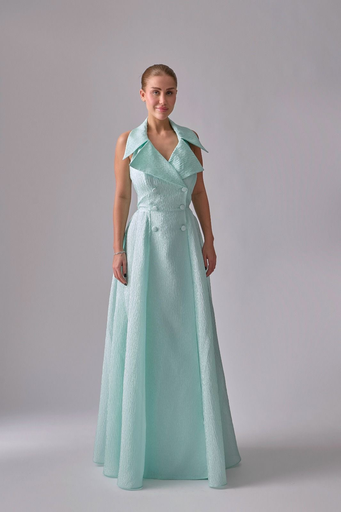 [2515055] Long Dress with Pleats and Wide Collar