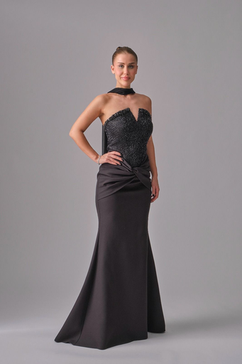 [2518116] Sequin-Embroidered Evening Dress with Shawl