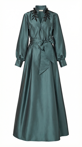 [2525012] Taffeta Dress with Floral Collar