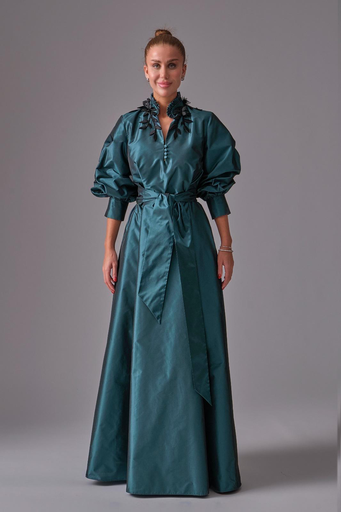 [2525012] Taffeta Dress with Floral Collar