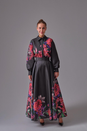 [2521044] Taffeta Blouse with Shirt Collar and Floral Print