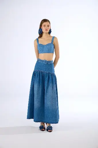 [25S1547] Long Maxi Skirt with Denim Star and Detailed Belt