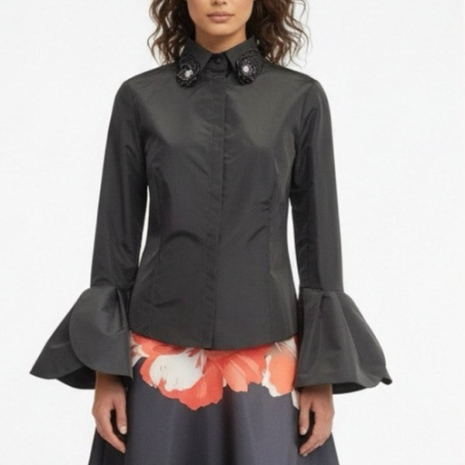 [2611011] قميص بتفاصيل تطريز مع أكمام مكشكشة 