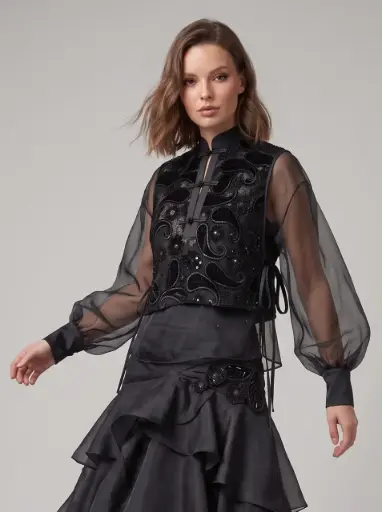 [2621025] Organza Garnished Embroidery blouse 